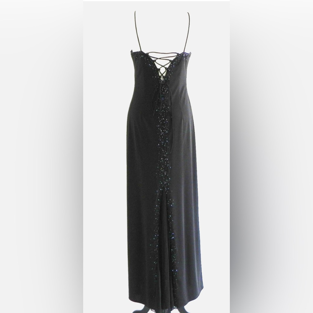 Niki by Niki Livas Black Dress Beading Trim Maxi Spaghetti Strap Size 10